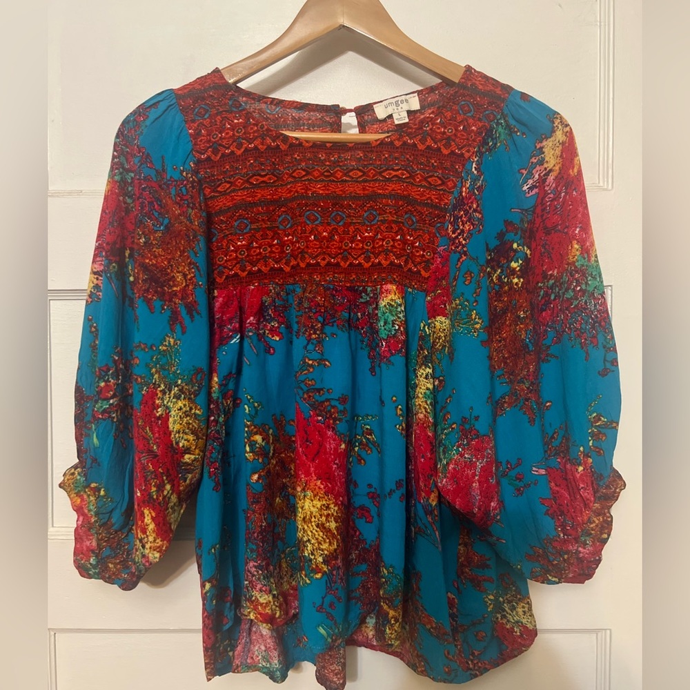 Umgee Floral Cropped Blouse W/ Round Neck - Size Large